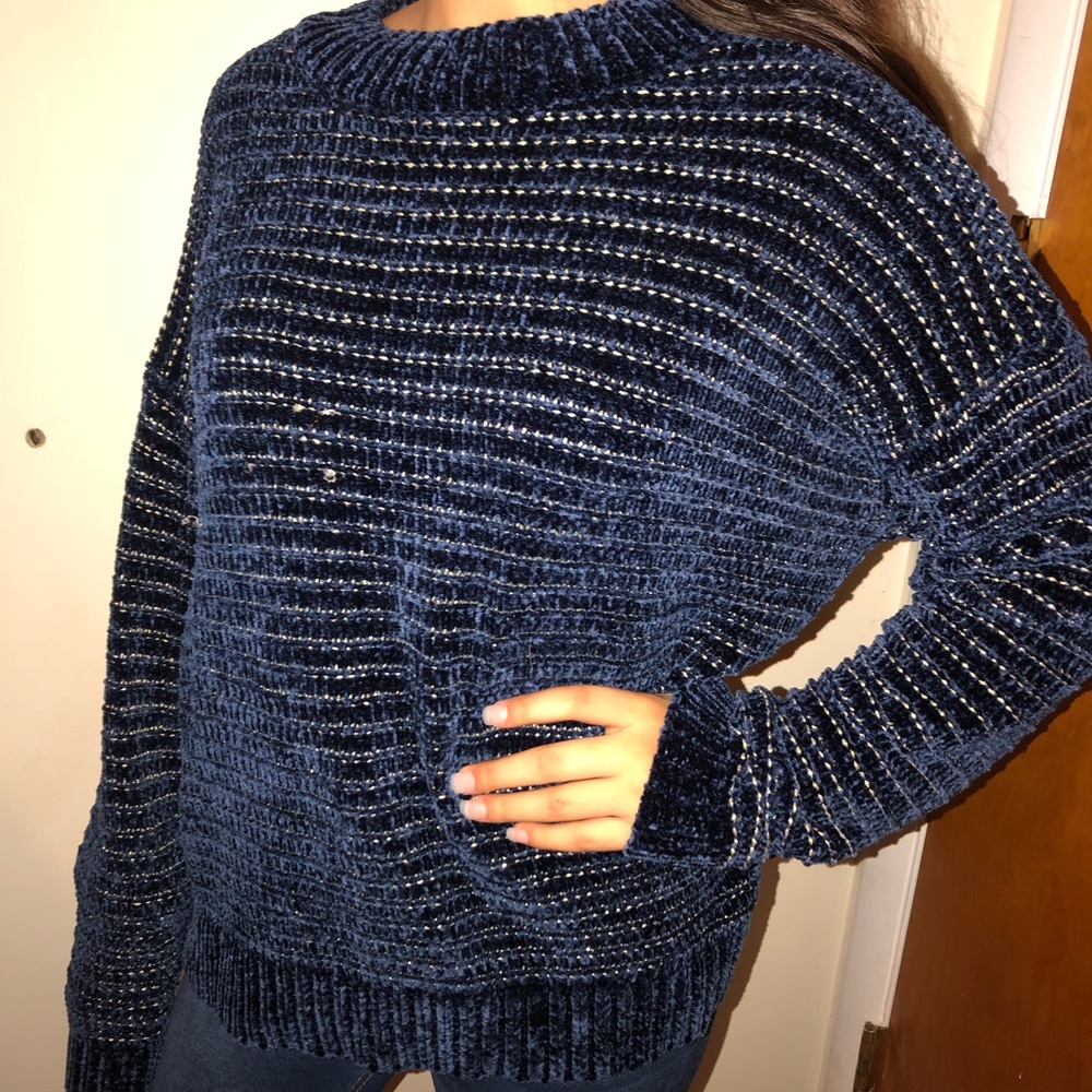 velvet navy sweater with gold accents
